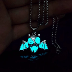 Luminous Halloween devil wing pendant necklace with glowing blue light for men and women