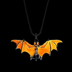 Détails du collier chauve-souris gothique en émail orange et chaîne à billes noire