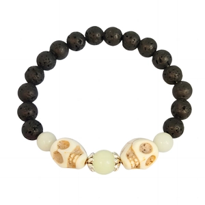 Bracelet tête de mort d'Halloween avec pierres de lave noires et perles phosphorescentes