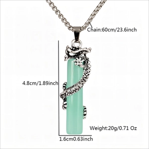 Luminous dragon wrap pendant necklace for men with green glow stone in vintage silver finish