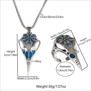 Luminous Viking bird skull pendant necklace and compass ring set in silver alloy finish