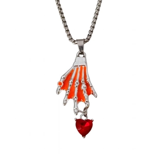 Collar gótico de mano de esqueleto con gema roja de corazón y cadena de plata tipo box
