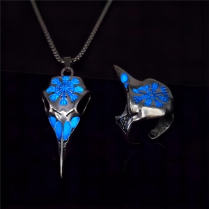 Luminous Viking bird skull pendant and ring set with blue glow in the dark effect