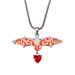 Gothic luminous bat pendant necklace with red heart crystal and silver box chain