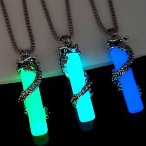 Three glowing dragon pendants in green blue and cyan with silver wrap details