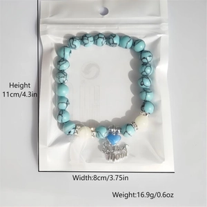 Detailed size view of Super Mom beaded heart bracelet with glowing stones and blue beads