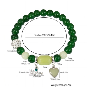 Green luminous crystal beaded stretch bracelet with MOM and heart charms for Mother's Day gift