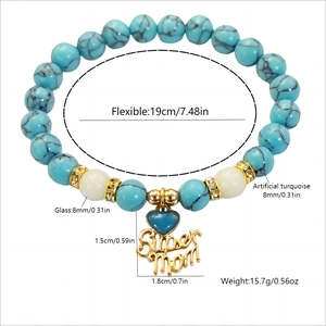 Luminous Super Mom heart beaded bracelet with blue synthetic turquoise and 8mm round beads
