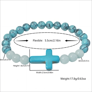 Bracciale con croce in turchese blu con perle da 8mm e pietre luminose
