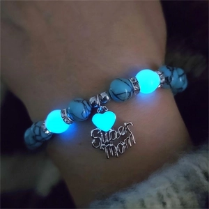 Luminous Synthetic Turquoise Beaded Bracelet Glow In The Dark Heart Super Mom Charm Bracelet For Mother Day Women Jewelry