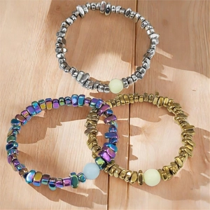 Ensemble de 3 bracelets de perles géométriques irrégulières lumineuses, argent et bronze