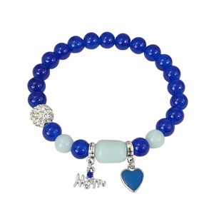 Adjustable blue beaded bracelet with Mom charm and glowing heart pendant for mothers
