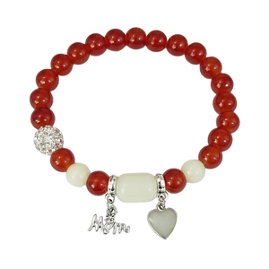 Detail of beaded bracelet with red beads, crystal ball and silver Mom heart charm