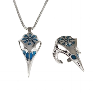 Luminous Viking bird skull jewelry set with blue compass rune pendant and open ring