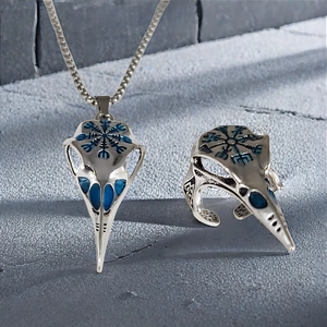 Vintage Viking bird skull and compass pendant ring set with luminous detail on stone