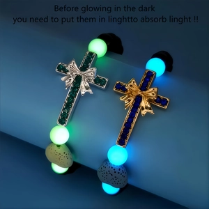 Bracelet Perles Croix Lumineuse Fait Main Pendentif Nœud Papillon Alliage Strass Bijoux Perles Cœur Pierre de Lave