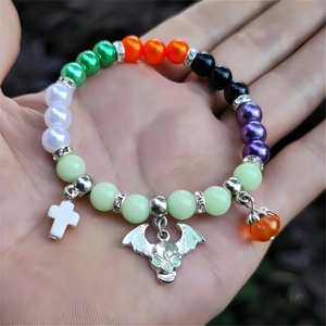 Halloween luminous beaded bracelet with pumpkin, cross and bat skull pendants