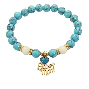 Luminous turquoise heart bracelet with Super Mom pendant and crystals for women