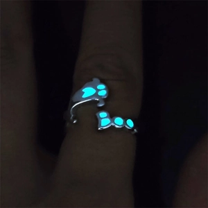 Luminous Halloween cat paw and Boo adjustable open ring glowing in ice blue light