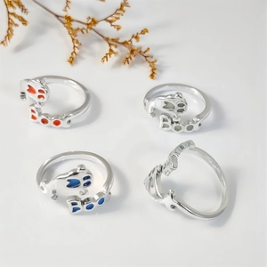 Adjustable Halloween glow rings set with cute cat paw and Boo letters in silver finish
