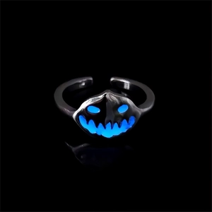 Gothic black alloy pumpkin ring with glowing blue devil face and adjustable band