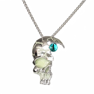 Luminous Halloween skull necklace with blue evil eye pendant and glow-in-the-dark finish