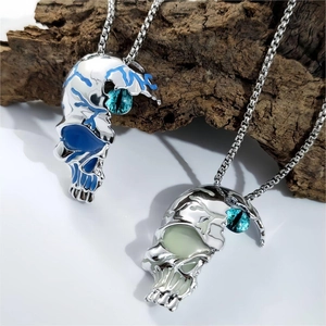 Punk style half-face skull pendant necklace with luminous glow and cat eye stone inlay