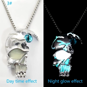 Detailed comparison of luminous skull necklace showing day and night glow effects