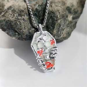 Gothic luminous coffin pendant necklace with skull and red rose on box chain