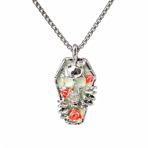 Gothic luminous coffin pendant necklace with skull and red roses on silver box chain