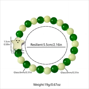 Luminous Day of the Dead glass bead bracelet with ghost charm and 8mm green beads