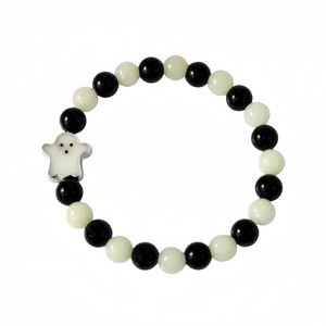 Luminous Halloween beaded bracelet with black beads and white glow ghost charm