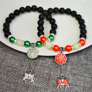 Luminous Halloween spider and web couple bracelets with volcanic stone and glow beads