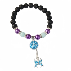 Luminous Halloween spider and web bracelet with black lava stone and purple beads
