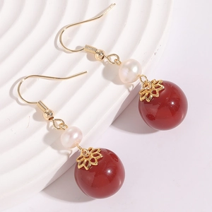 Boucles d'Oreilles Pendantes en Cuivre Plaqué Or 14K Vintage pour Femmes Pierre Naturelle Rouge Perle d'Eau Douce Bijoux