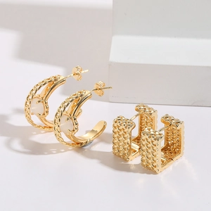 14K Gold Plated Copper Cat Eye Stone C-Shape Earrings Elegant Woven Texture Square Hoop Ear Buckle For Women Jewelry
