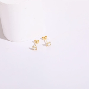 Elegant gold square earrings with white opal center and sparkling cubic zirconia studs