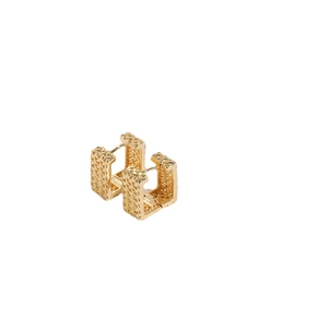 Golden square C-shaped earrings with intricate woven metal texture and polished finish