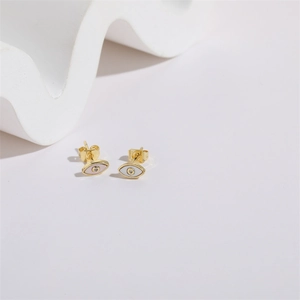 Elegant gold evil eye stud earrings with shell enamel and sparkling zircon accents