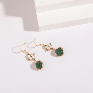 Handmade freshwater pearl earrings with green beaded drop and gold hooks for women