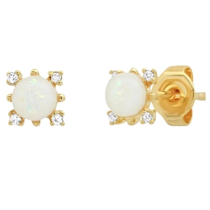 Elegant gold square stud earrings with white opal center stone and tiny zircon accents