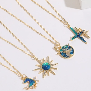 Gold Plated Copper Zirconia Pendant Necklace Enamel Star Sun Deer Unicorn Starry Sky Choker Chain For Women Jewelry