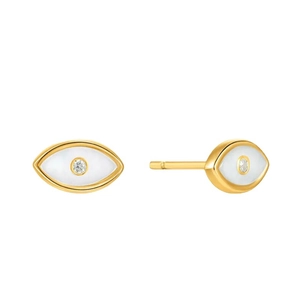 Elegant gold evil eye stud earrings with shell inlay and sparkling central zircon stones
