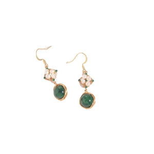 Handmade freshwater pearl and green stone drop earrings with gold wire wrap hooks