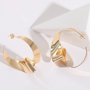 Exaggerated Irregular Twisted Copper Hoop Earrings Women 14K Gold Plated Metallic Pleated Studs With Silver Earring Post