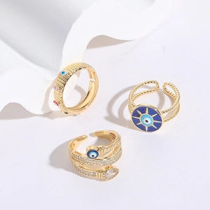 Bague Ouverte Ajustable en Cuivre Œil Bleu pour Femme Plaqué Or 14K Zirconia Émail Style Ins Bijoux de Mode Cadeau