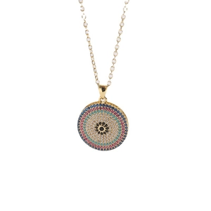Golden evil eye necklace with colorful zircon pavé pendant on a fine cross chain