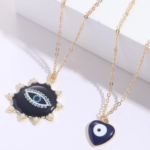 Collier en Cuivre Plaqué Or 14K Avec Pendentif Mauvais Oeil pour Femme Coeur Bleu Soleil Noir Émail Künstliche Perle Choker Bijoux