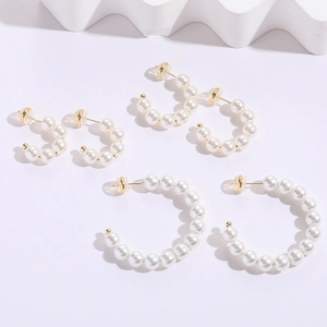 Elegant C-Shape Artificial Pearl Hoop Earrings For Women Vintage 14K Gold Plated Copper ABS Glass Artificial Pearl Jewelry With Silver Earring Post