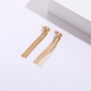 Elegant 14K gold plated snake chain tassel earrings with knot design on white background